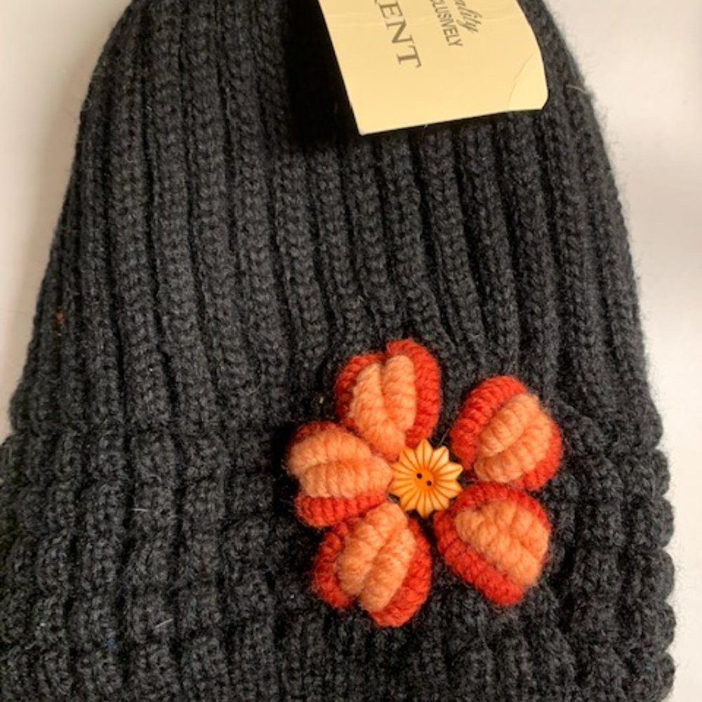John Kent Women's Knitted Flower decorated Black Beanie Hat - NWT